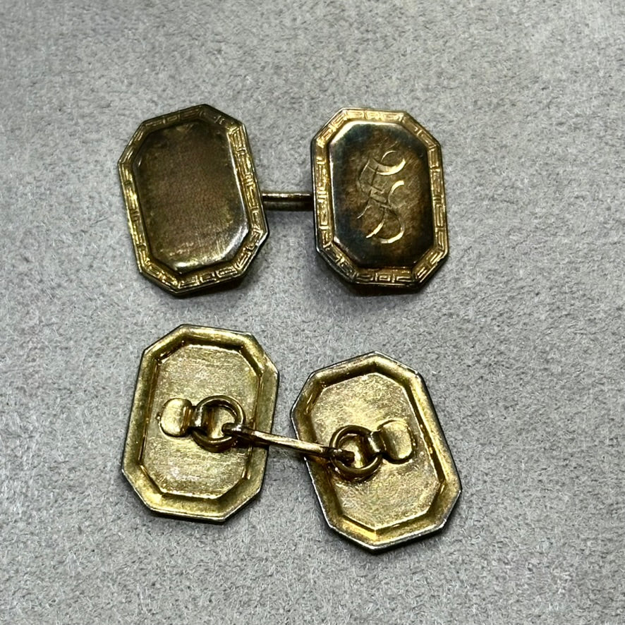 Antique Edwardian 14KT Yellow Gold Cufflinks – Patina Finish, Monogrammed Coffin Shape – Unique Father’s Day Gift