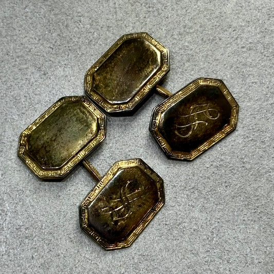 Antique Edwardian 14KT Yellow Gold Cufflinks – Patina Finish, Monogrammed Coffin Shape – Unique Father’s Day Gift