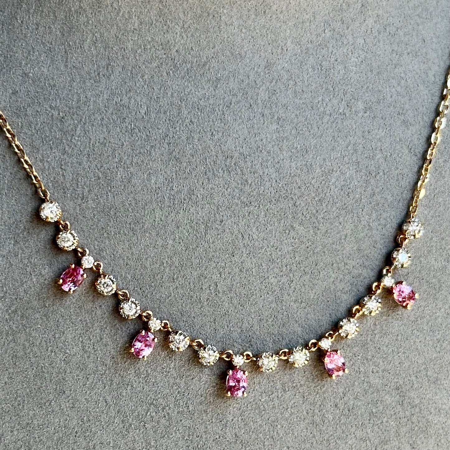 18kt Rose Gold Oval Cut Pink Sapphire Necklace with Round Cut Diamonds