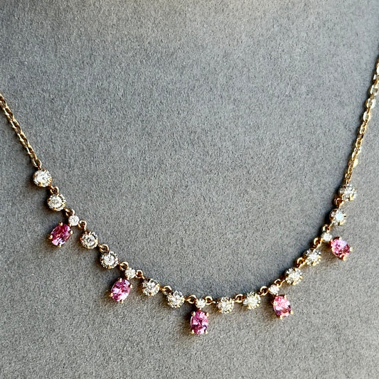 18kt Rose Gold Oval Cut Pink Sapphire Necklace with Round Cut Diamonds