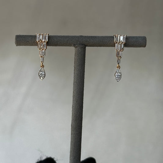 Rose Gold Baguette Diamond Triangle Pyramid Stud Drop Earrings