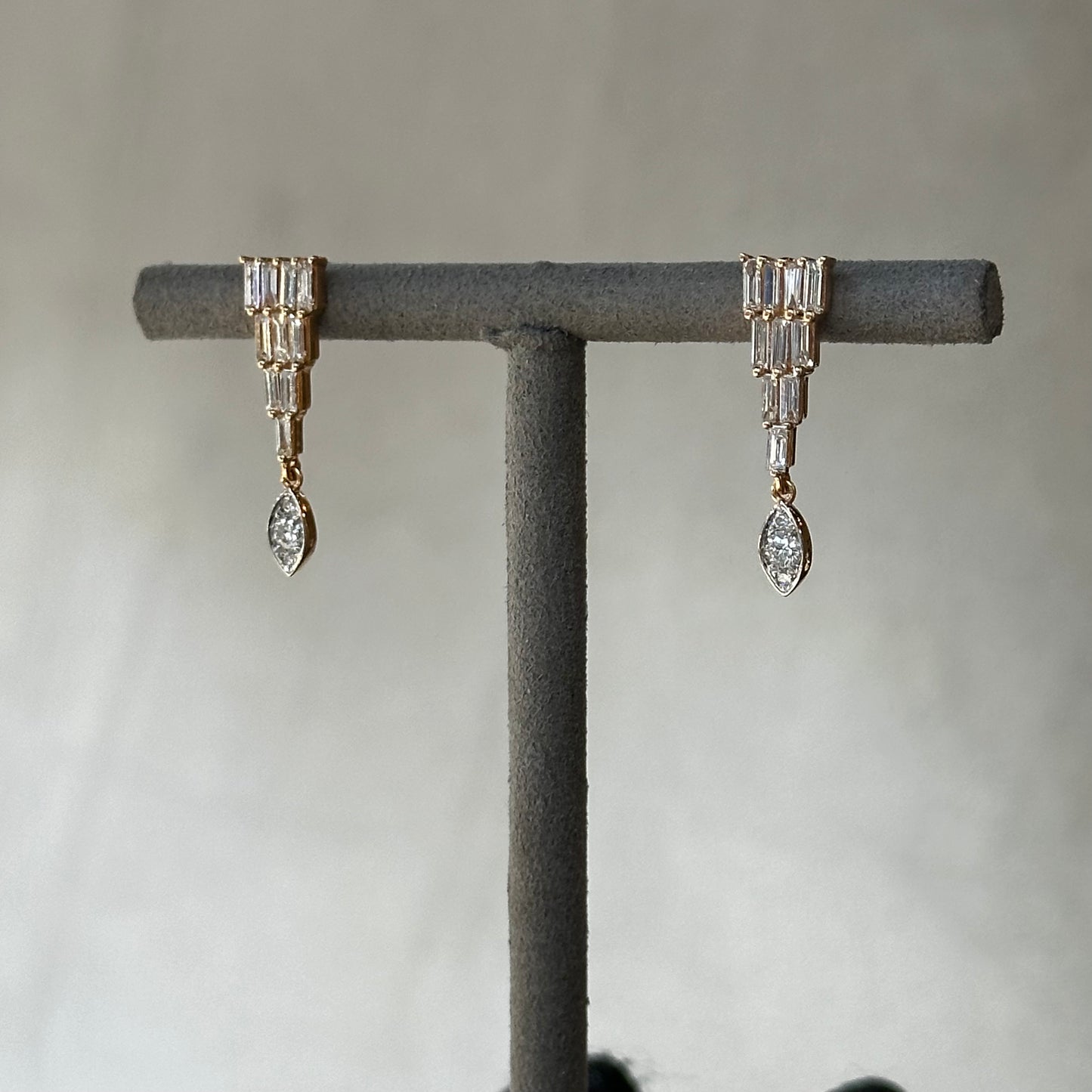 Rose Gold Baguette Diamond Triangle Pyramid Stud Drop Earrings