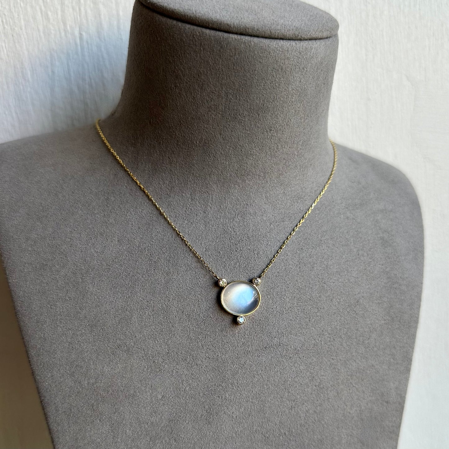 Moonstone & Diamond Pendant in 14kt Gold with Paper Clip Chain