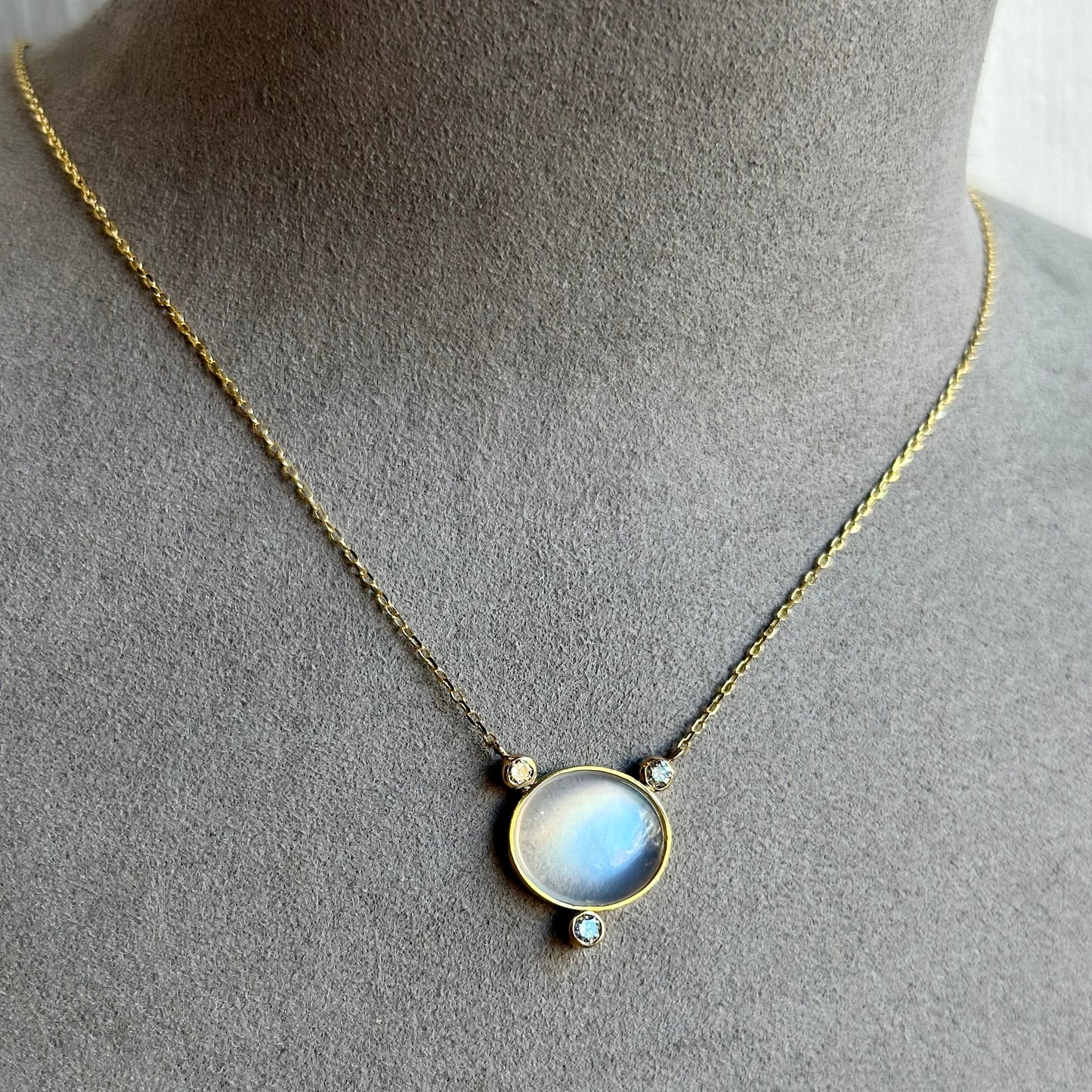 Moonstone & Diamond Pendant in 14kt Gold with Paper Clip Chain