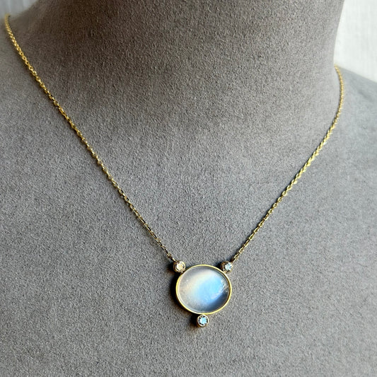 Moonstone & Diamond Pendant in 14kt Gold with Paper Clip Chain