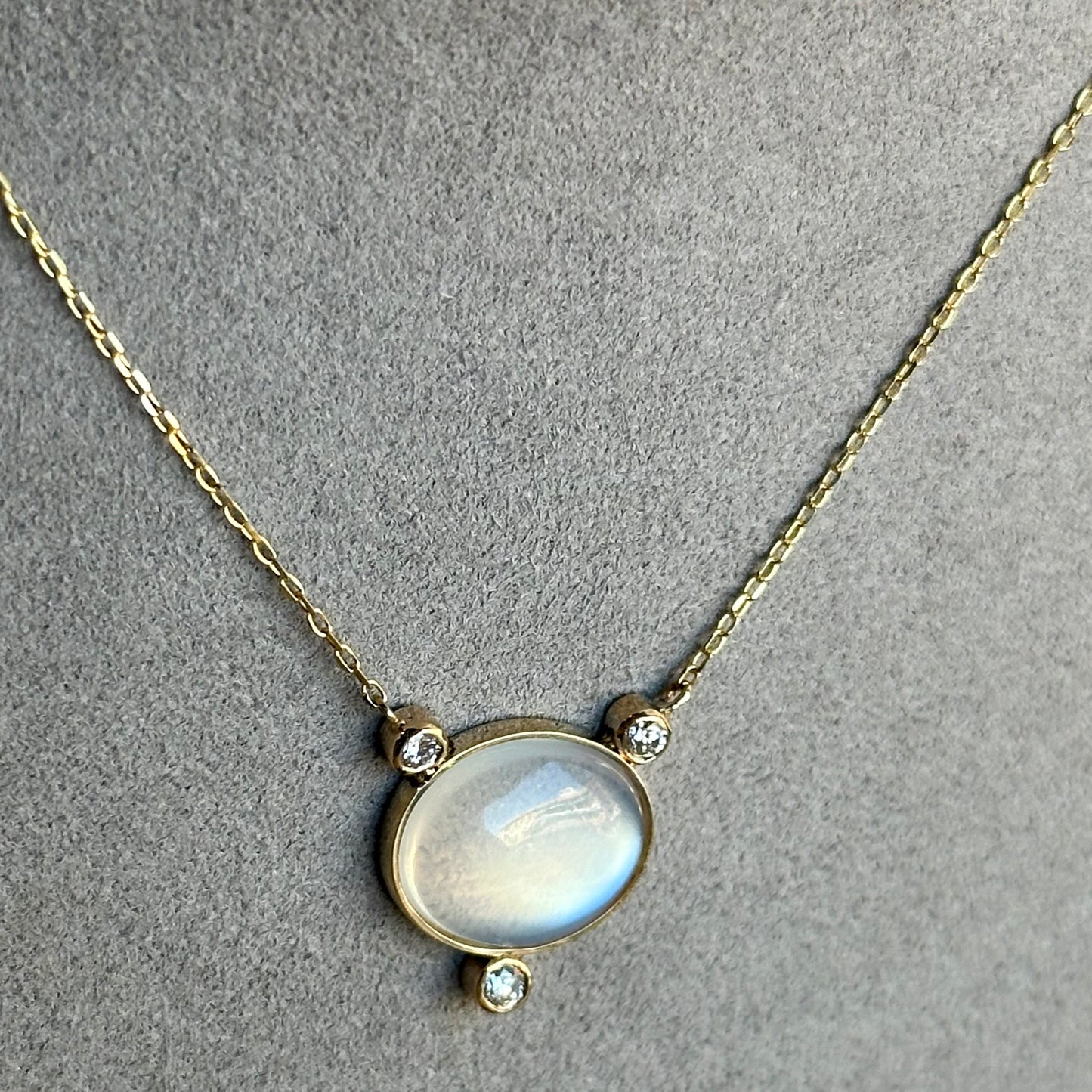 Moonstone & Diamond Pendant in 14kt Gold with Paper Clip Chain
