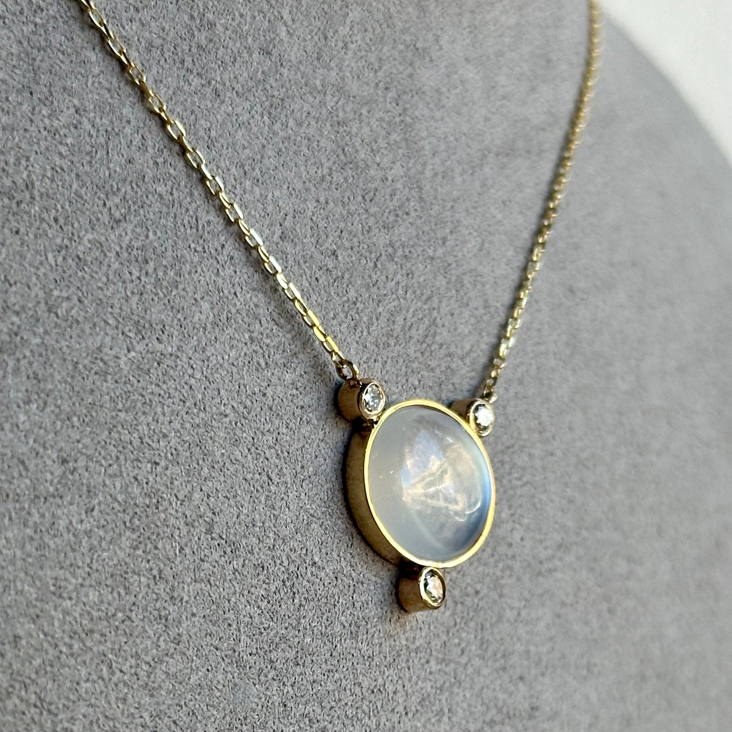 Moonstone & Diamond Pendant in 14kt Gold with Paper Clip Chain