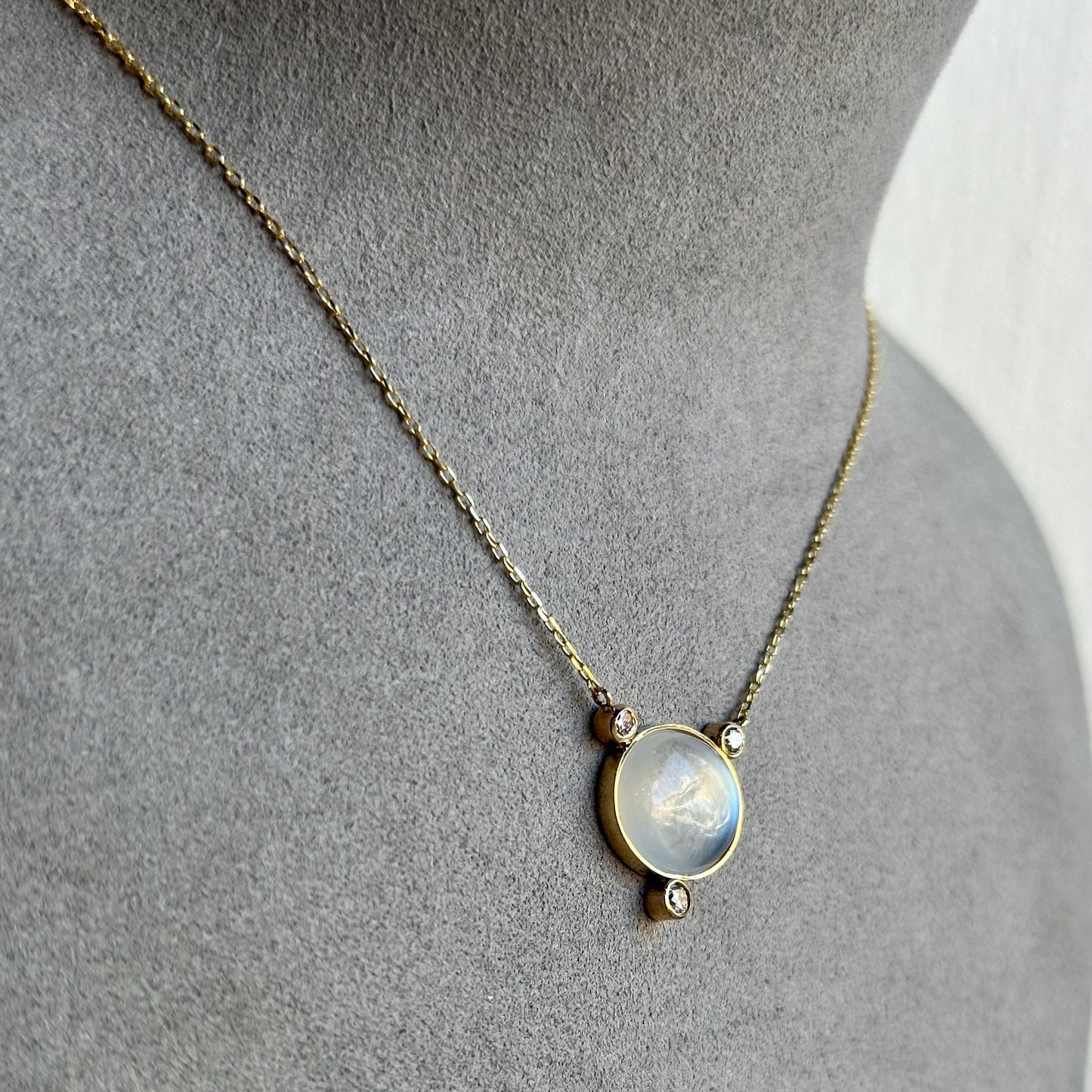 Moonstone & Diamond Pendant in 14kt Gold with Paper Clip Chain