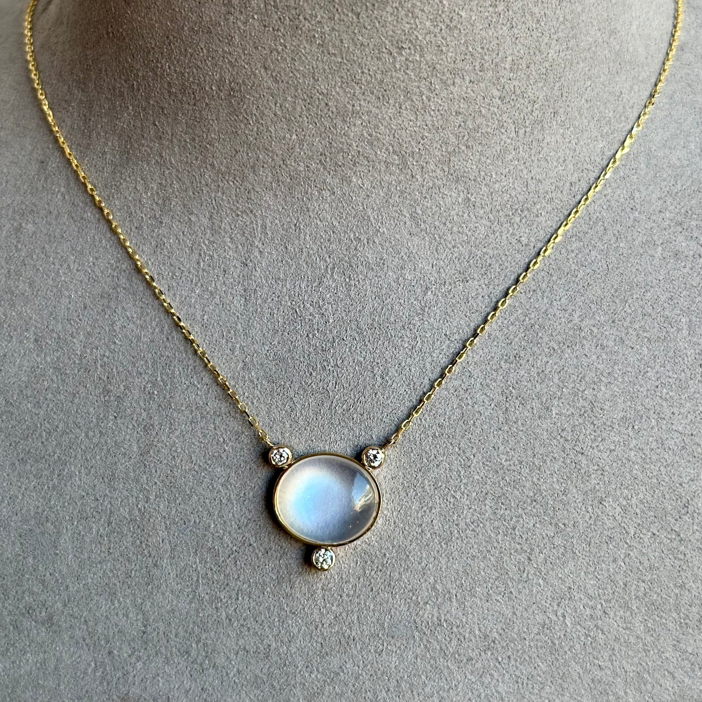 Moonstone & Diamond Pendant in 14kt Gold with Paper Clip Chain
