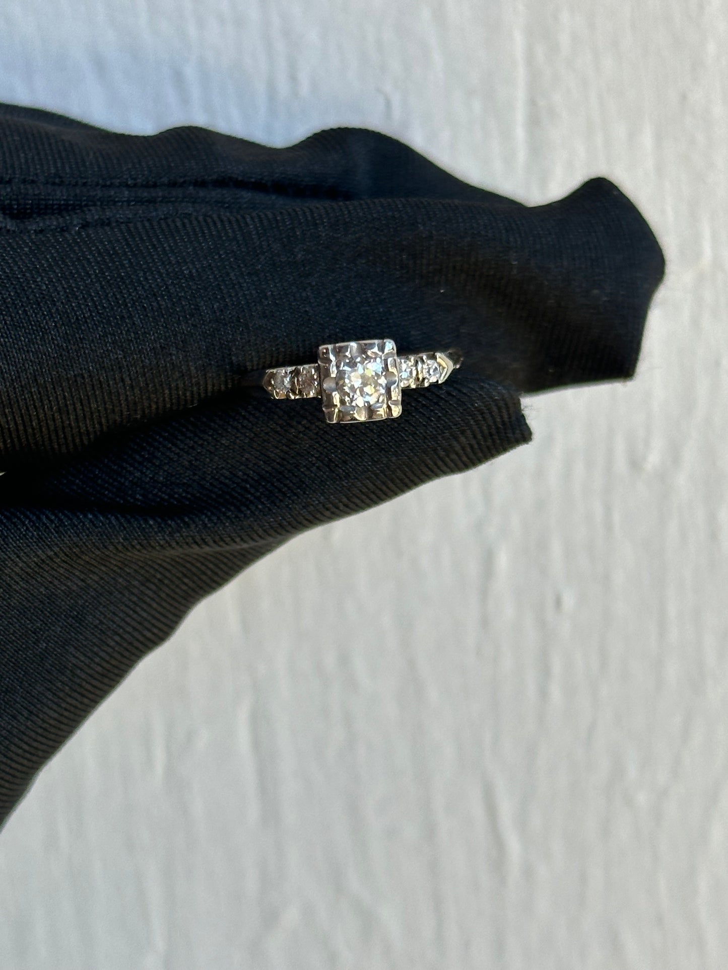 Vintage Art Deco 14K Yellow & White Gold Engagement Ring with 0.22ct Round Diamond & 0.10ctw Side Diamonds