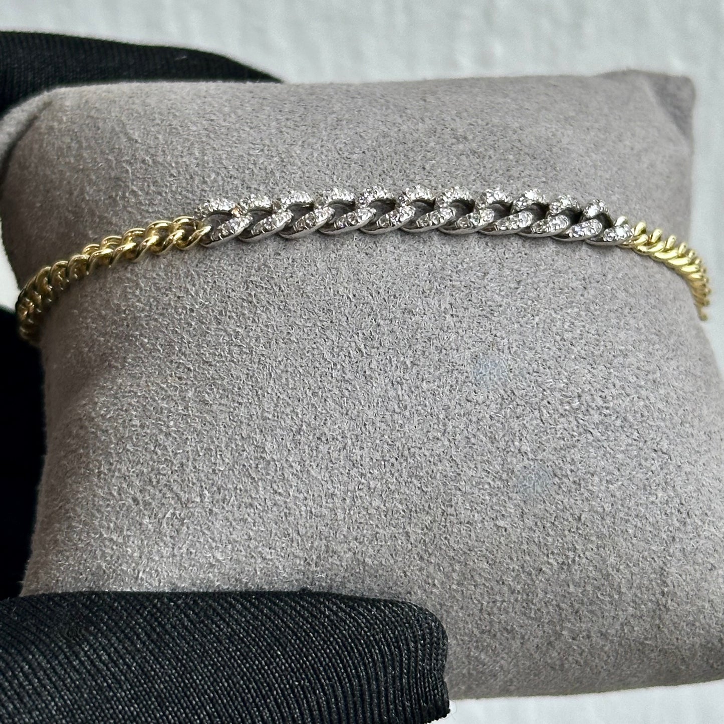 Two-Tone 14KT Yellow & White Gold Dainty Diamond Cuban Link Bracelet