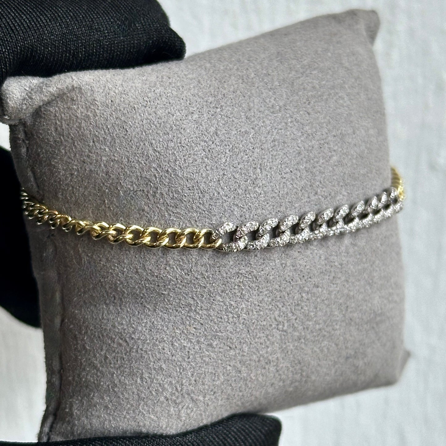 Two-Tone 14KT Yellow & White Gold Dainty Diamond Cuban Link Bracelet