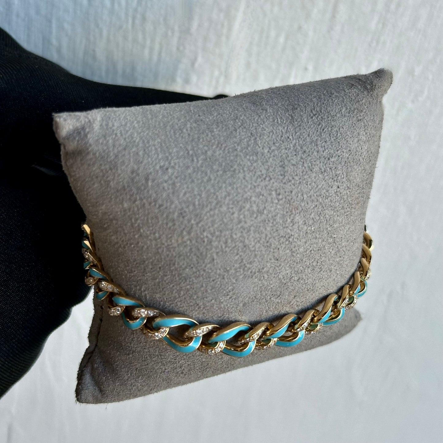 14KT Yellow Gold Blue Enamel & Diamond Cuban Bracelet – 1.45CTW Round Diamonds, Vibrant and Playful Design