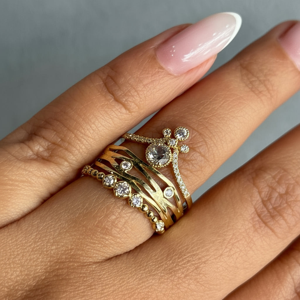 18kt Yellow Gold Rose Cut Diamond Ring with Milgrain Detailing and Brilliant Accents