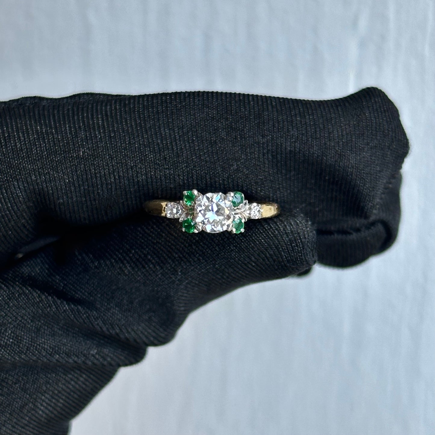 Antique 1910 Old Mine Cut Diamond Engagement Ring with Emeralds and Round Diamonds in 14kt Yellow Gold Original Circa 1910 Engagement Ring with Unique Design