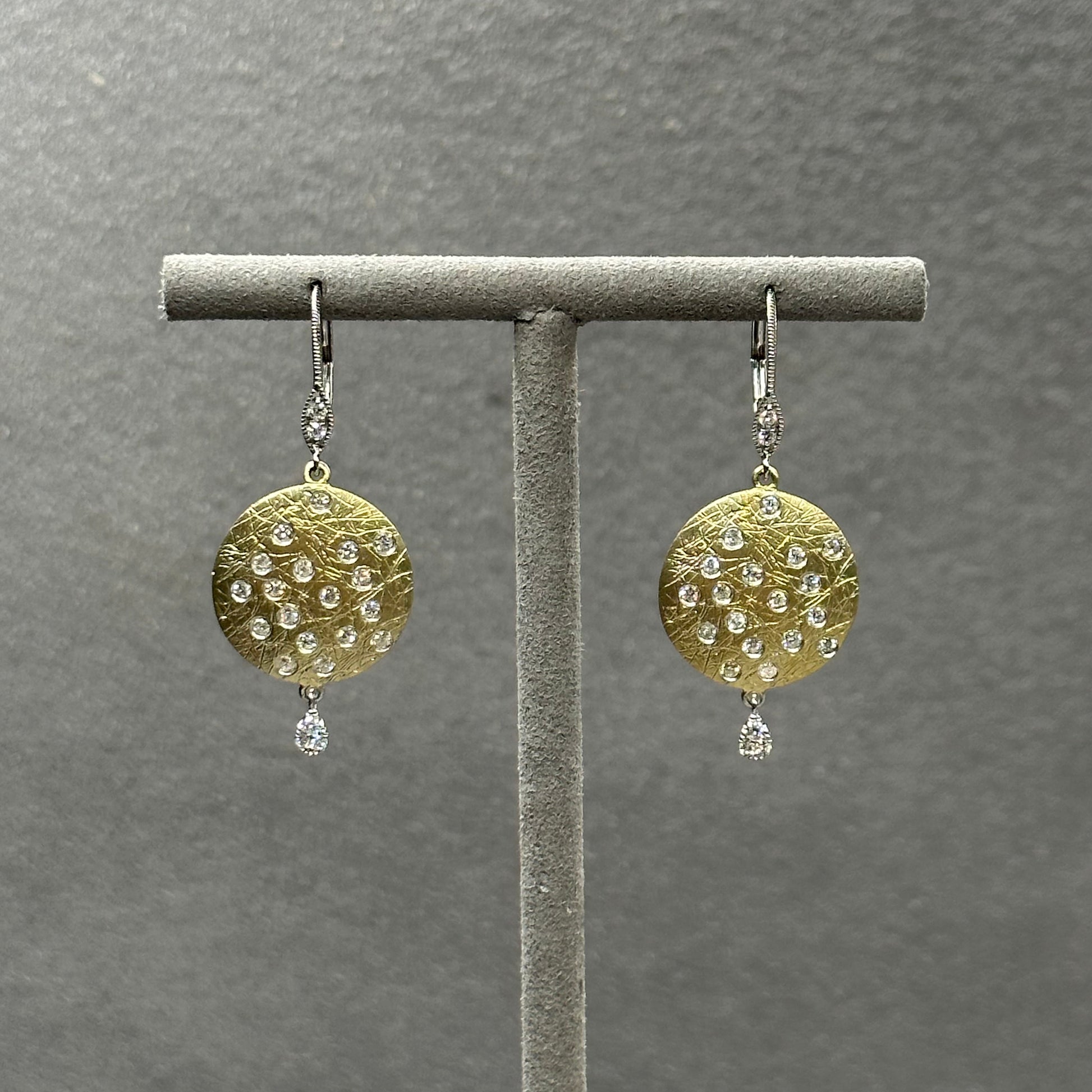 Hammered diamond and gold disc drop earrings