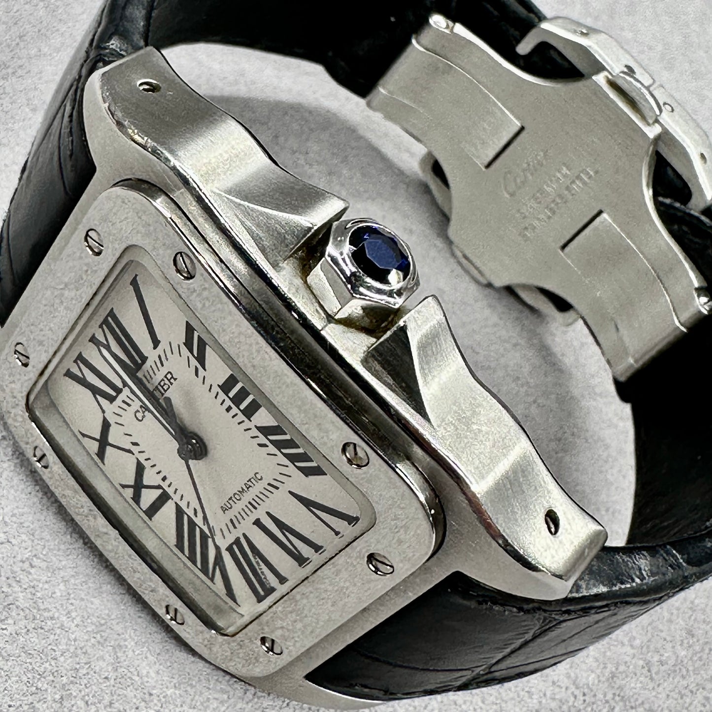 Cartier Santos 100 Silver Dial Black Strap Steel Mens Watch W20073X8