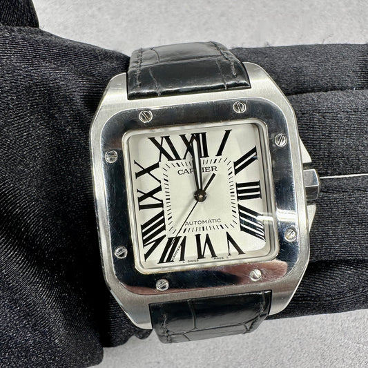 Cartier Santos 100 Silver Dial Black Strap Steel Mens Watch W20073X8