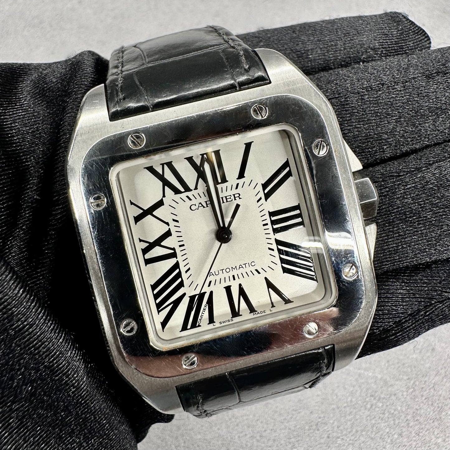 Cartier Santos 100 Silver Dial Black Strap Steel Mens Watch W20073X8