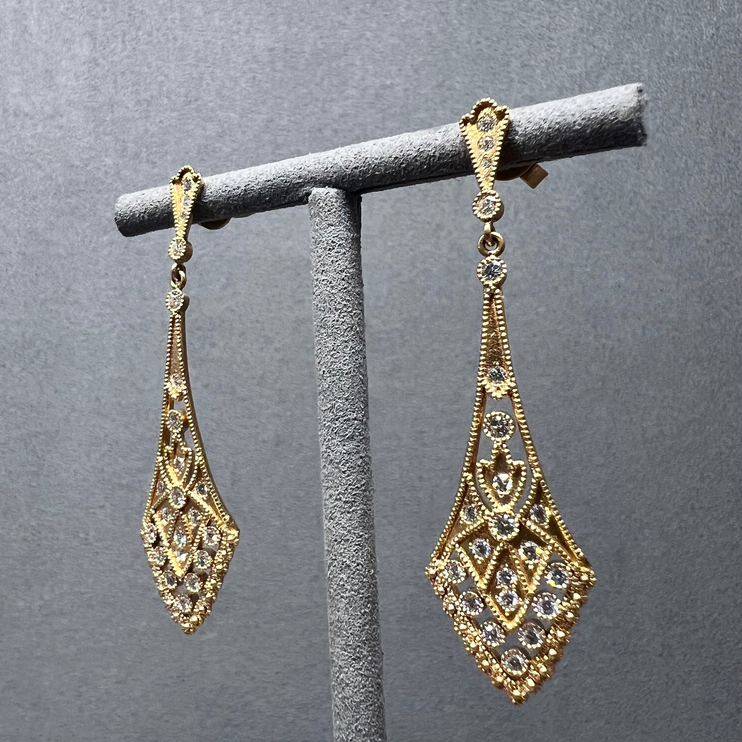 Exclusive 18kt Rose Gold Diamond Chandelier Earrings with Art Deco Filigree Technique