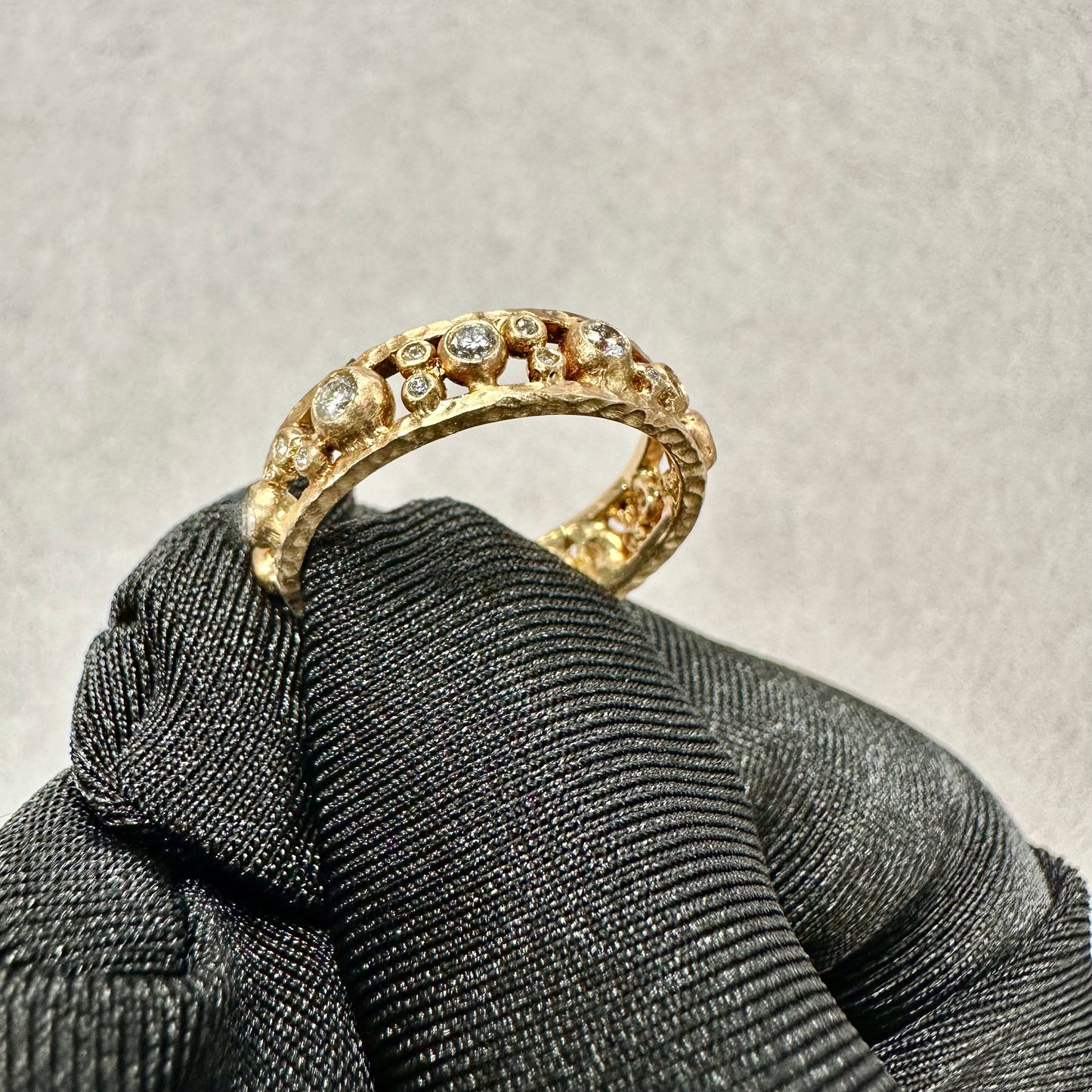 Hand Hammered Ladies Band Bezel Set Diamonds 18KYG