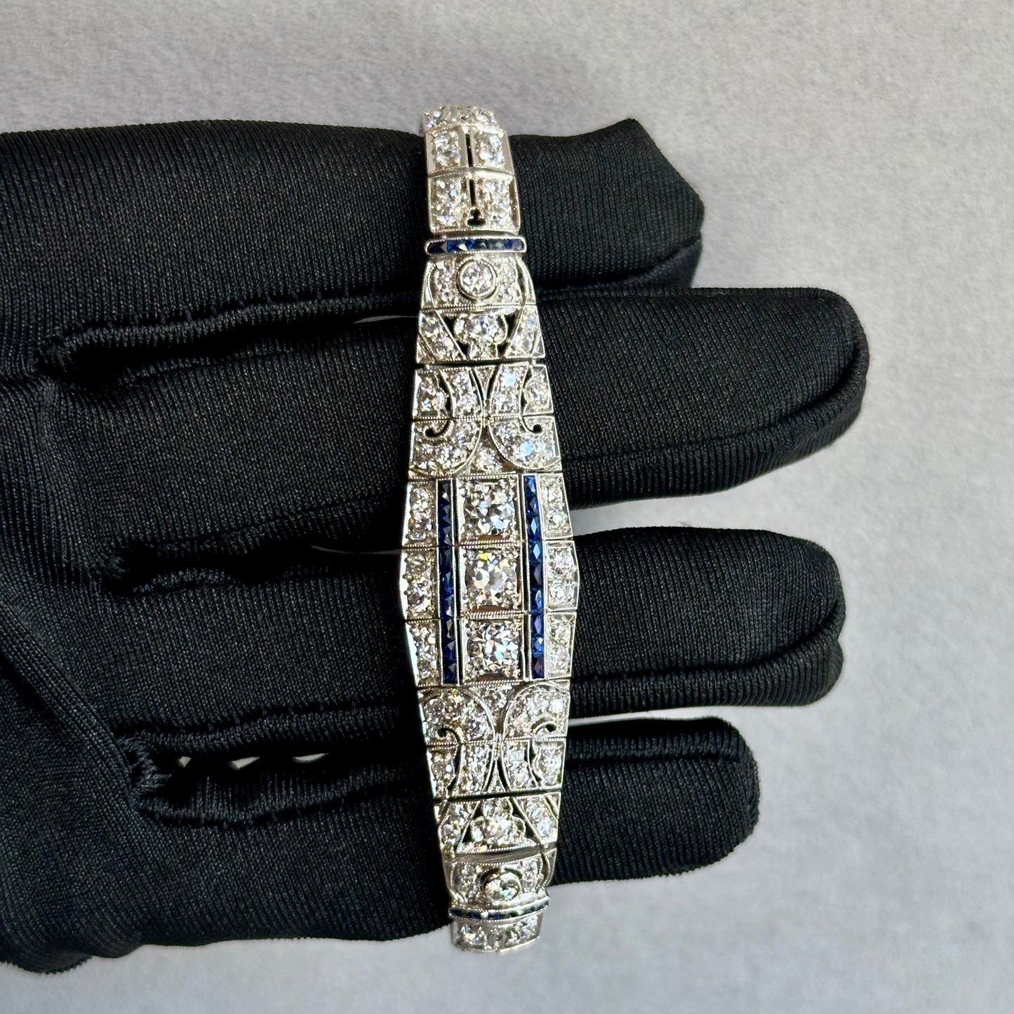 Exquisite Art Deco Filigree Platinum Diamond and Sapphire Bracelet