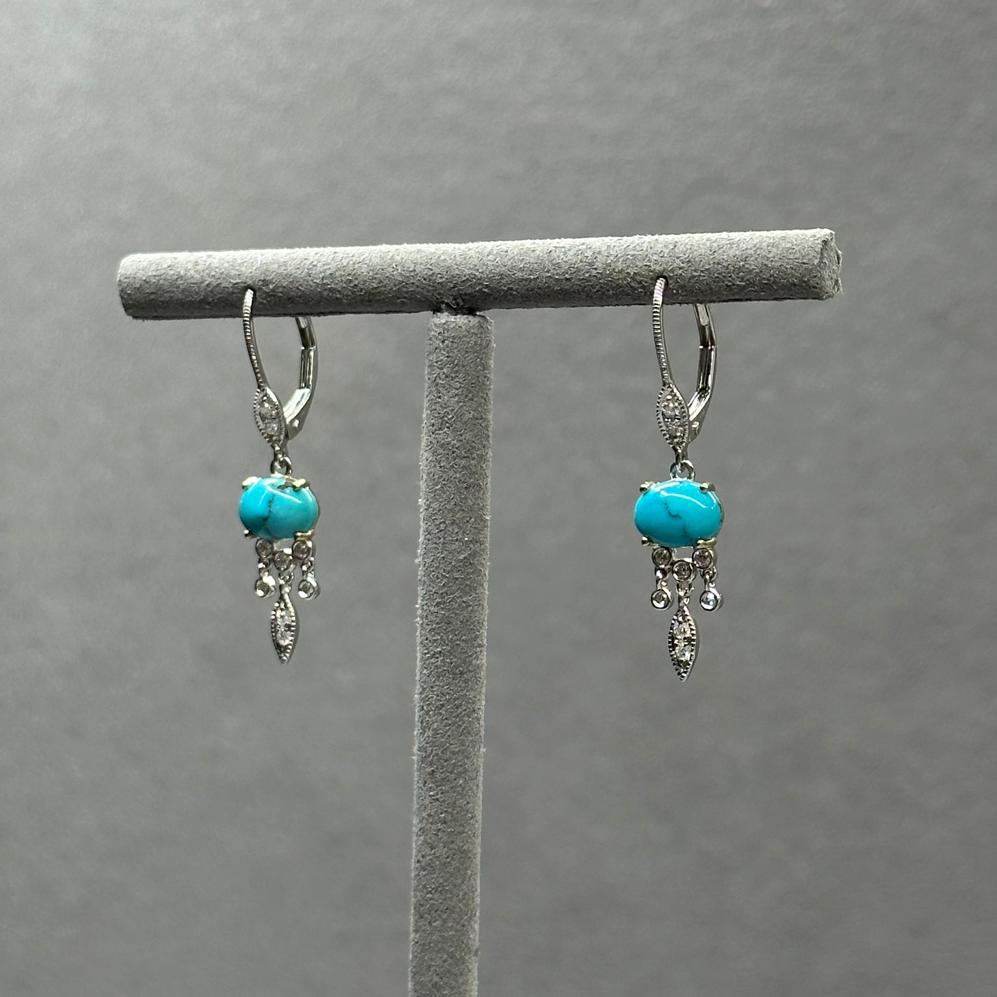Two Tone Gold Turquoise and Diamond Drop Dangle Earrings
