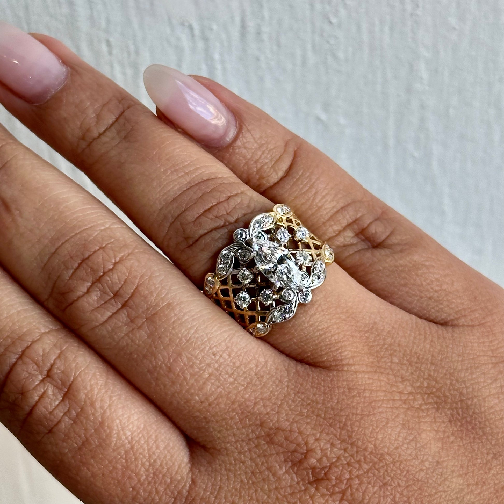 Vintage-Inspired Marquise Diamond Openwork Statement Ring in Two-Tone Gold