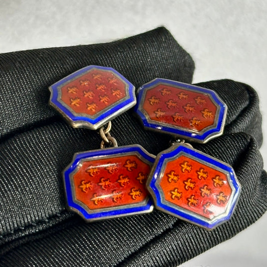 Vintage Red & Blue Enamel Fleurs-de-Lis Cufflinks – Bold Antique Brass Elegance for Him or Her