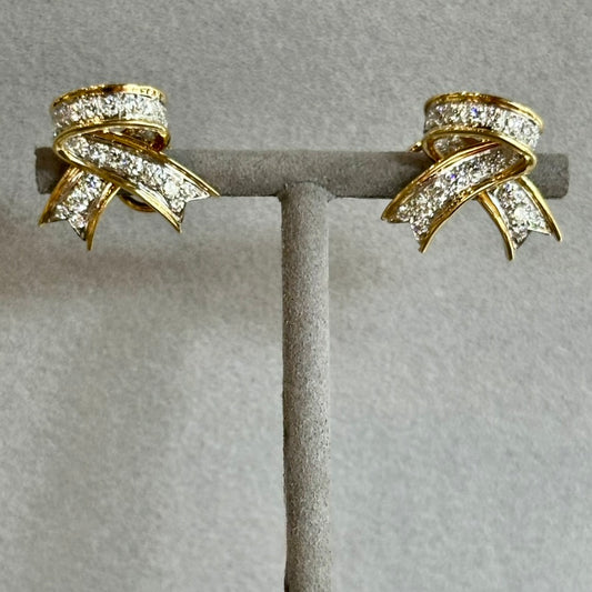 Vintage Tiffany & Co. Ribbon Earrings | Platinum & 18K Yellow Gold | 5.76ctw Diamonds | Circa 1989 | Post & Clip for Pierced Ears