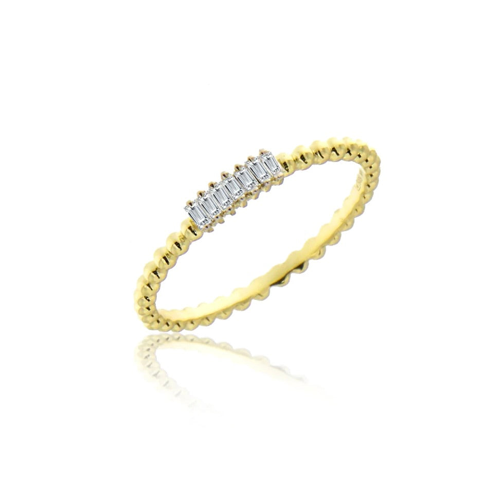 Yellow Gold Dainty Baguette Diamonds Dot Design Band Ring