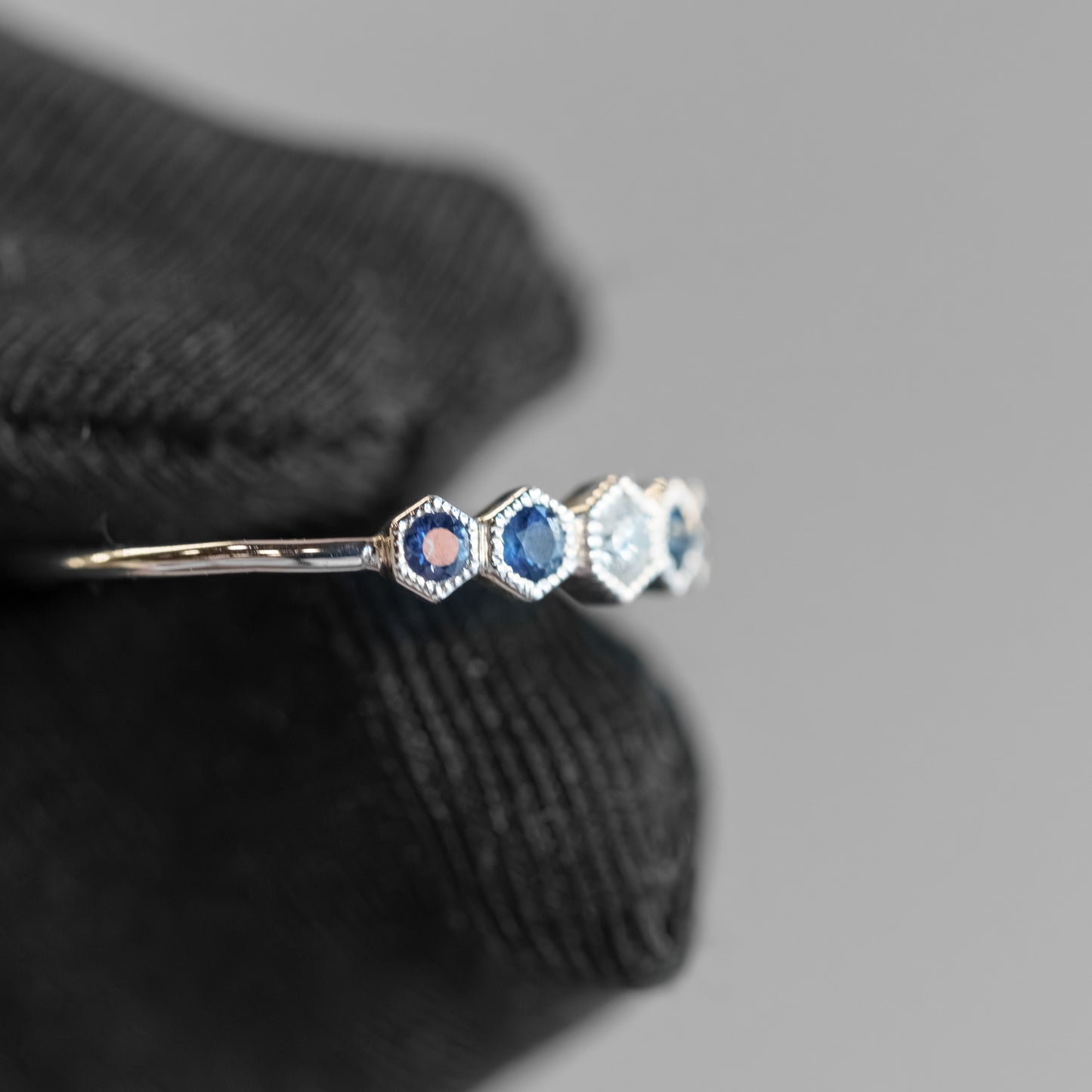 14kt White Gold Octagon Sapphire and Diamond 5-Stone Stacking Band