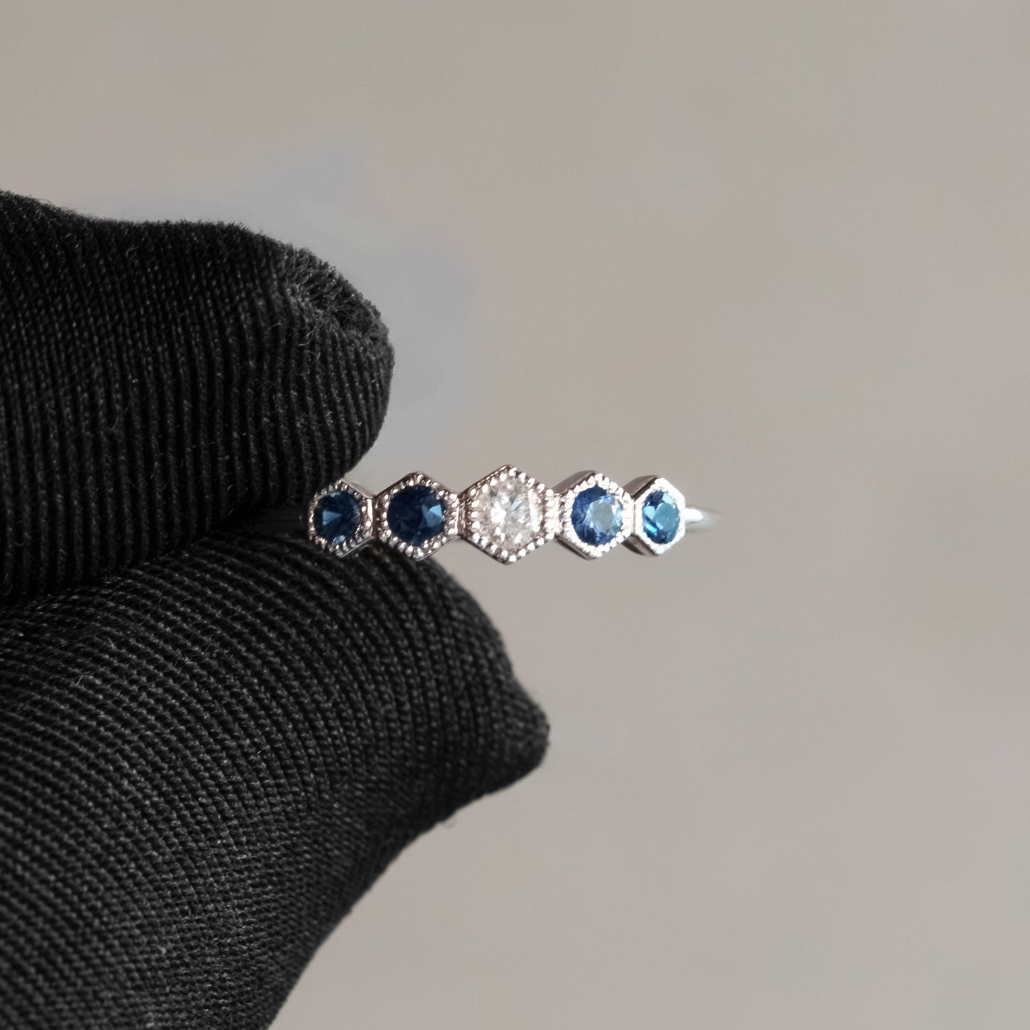 14kt White Gold Octagon Sapphire and Diamond 5-Stone Stacking Band