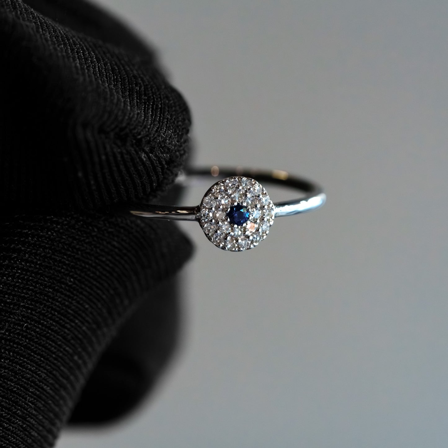 14kt White Gold Diamond & Sapphire "Evil Eye" Pavé Disc Stacking Ring