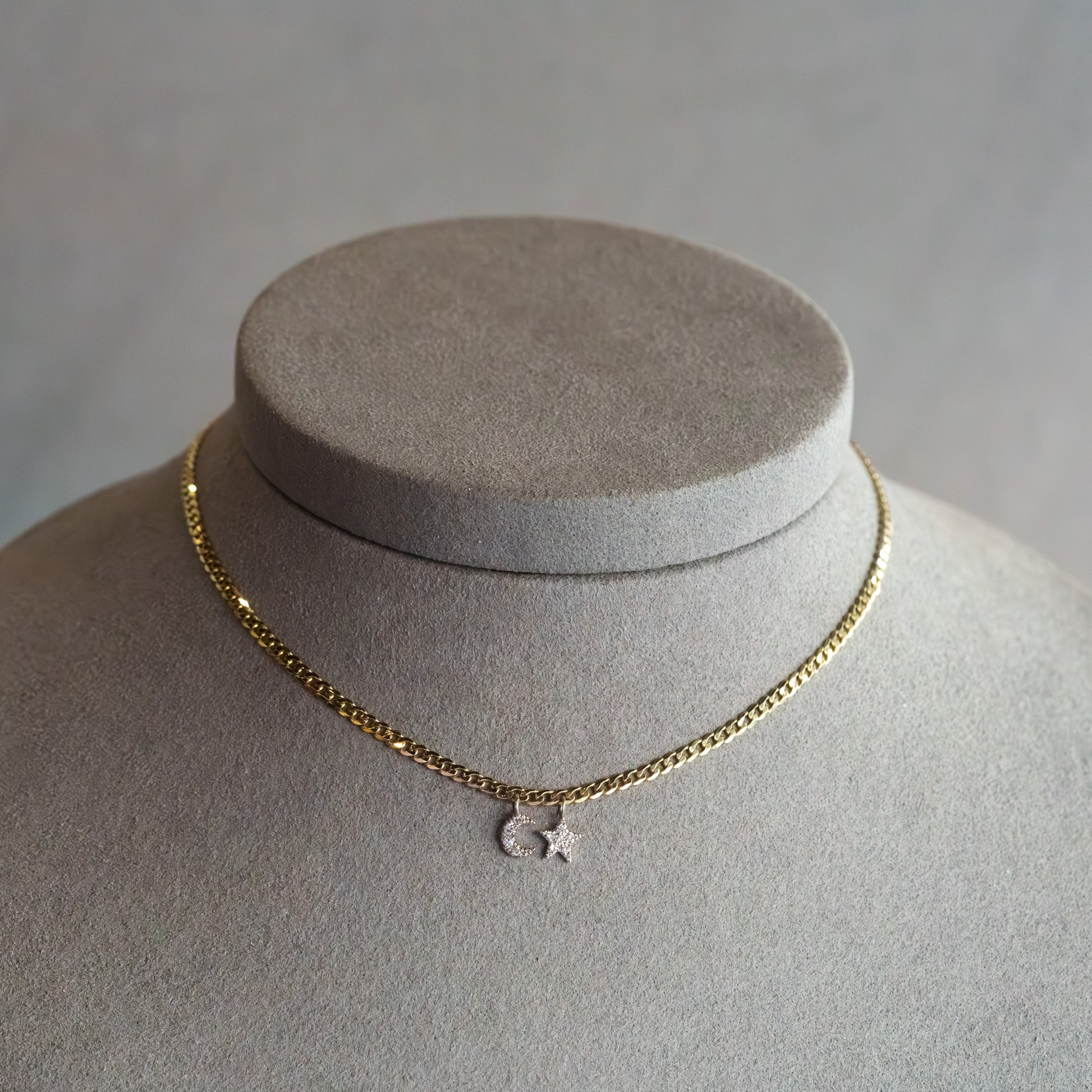 14kt Two-Tone Gold Diamond Moon and Star Curb Chain Necklace