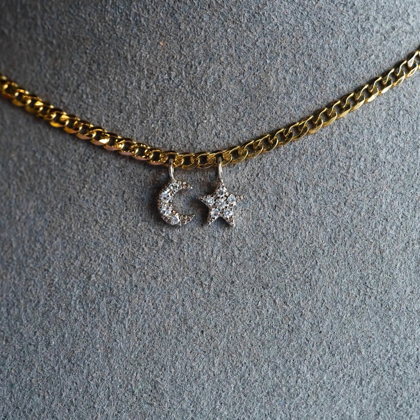 14kt Two-Tone Gold Diamond Moon and Star Curb Chain Necklace