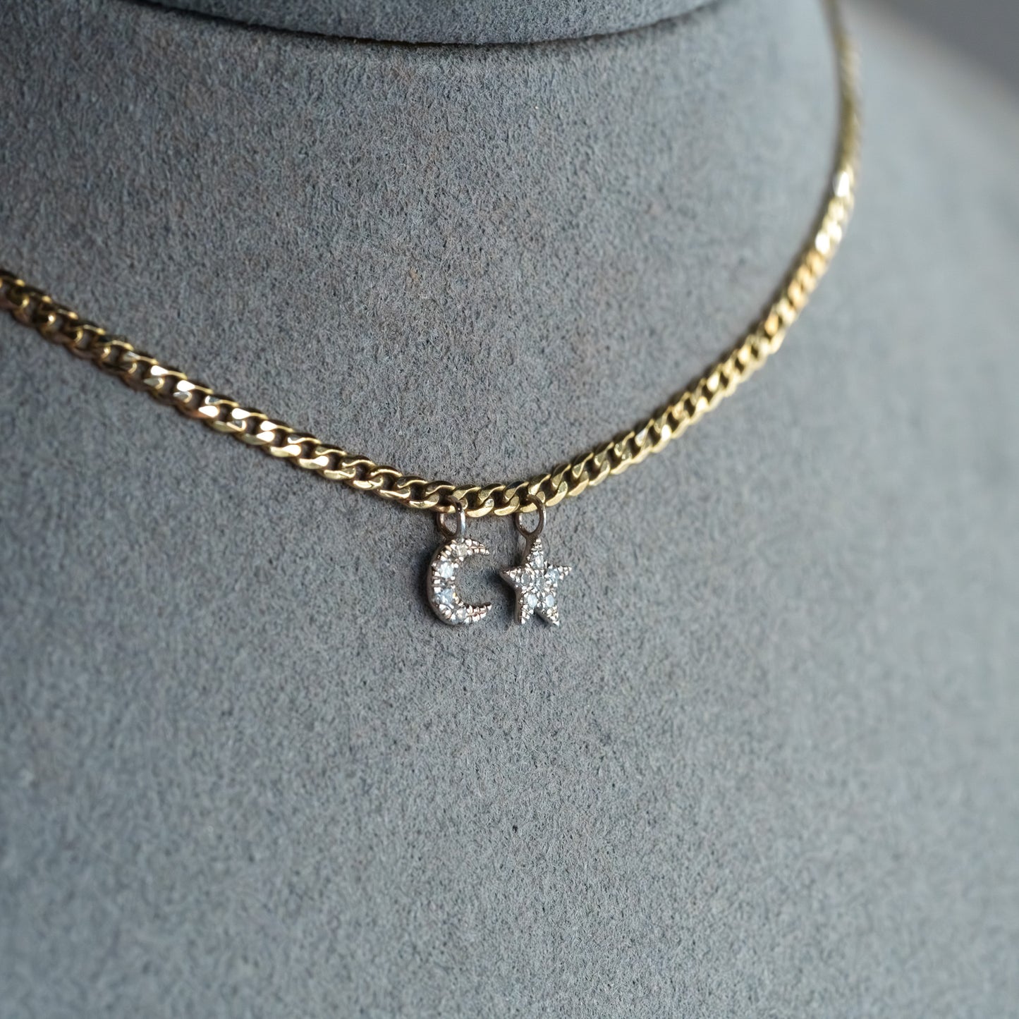 14kt Two-Tone Gold Diamond Moon and Star Curb Chain Necklace