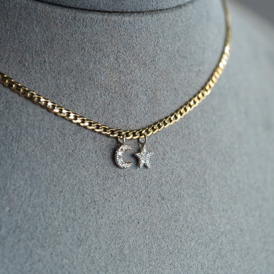 14kt Two-Tone Gold Diamond Moon and Star Curb Chain Necklace