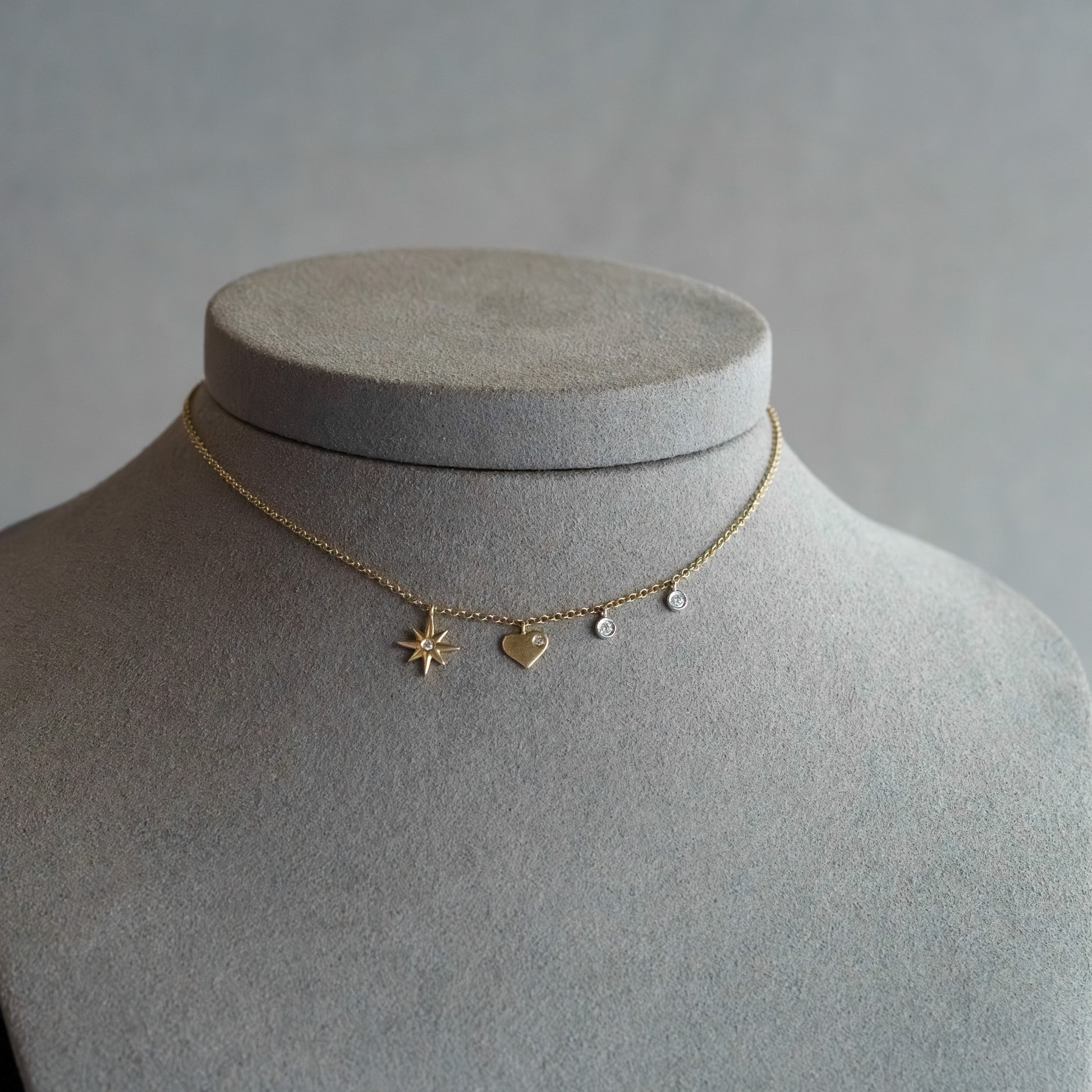 14kt Yellow Gold Multi-Charm Diamond Celestial & Heart Necklace