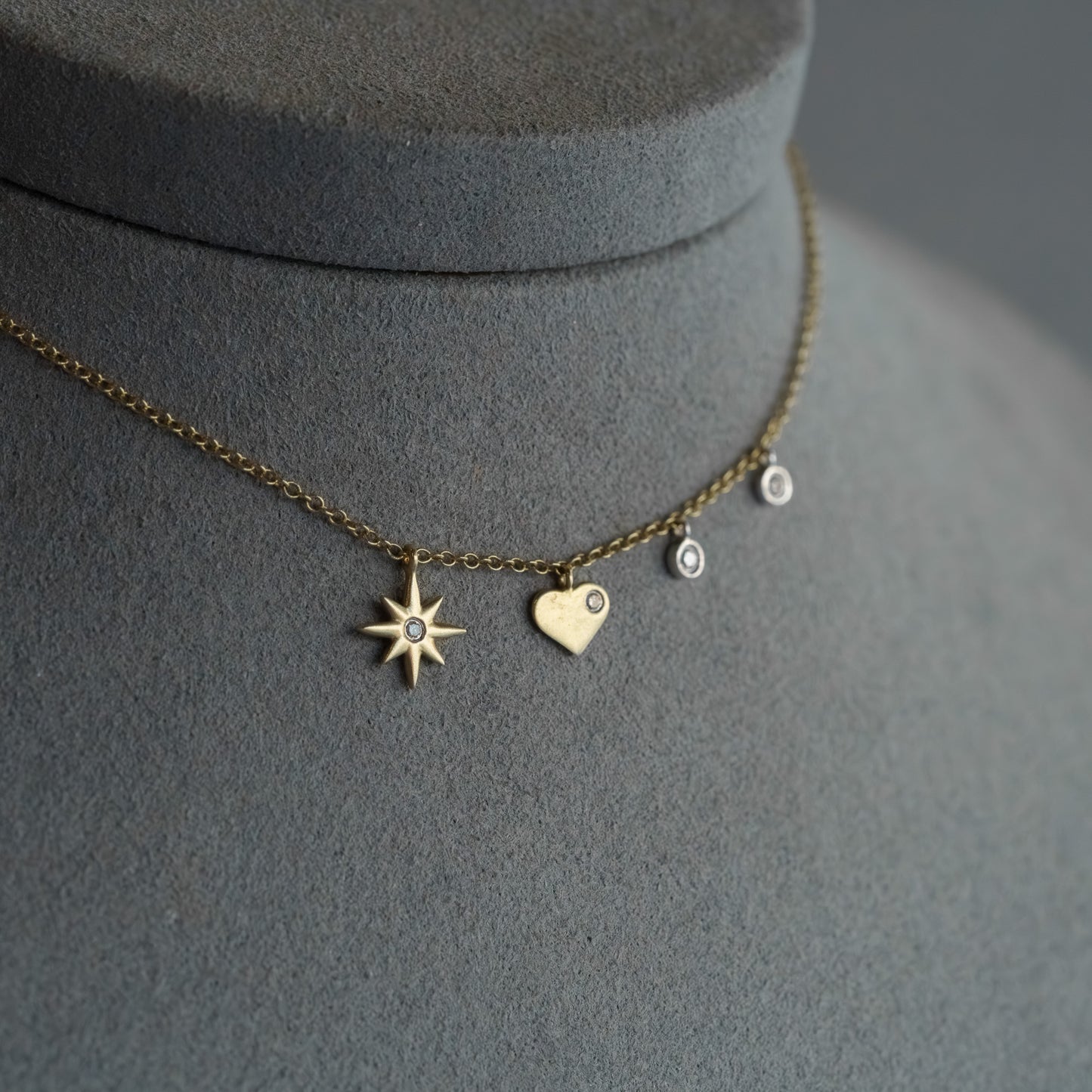 14kt Yellow Gold Multi-Charm Diamond Celestial & Heart Necklace