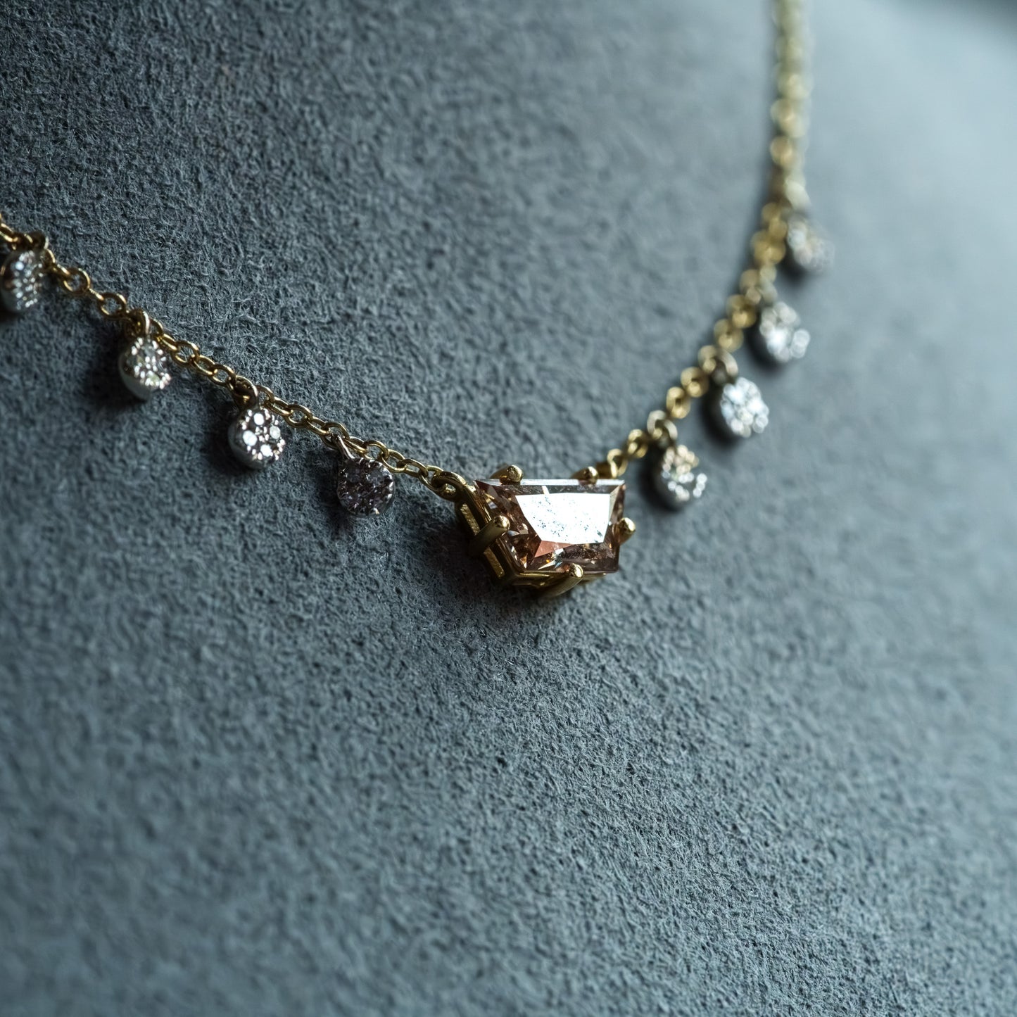 14kt Two-Tone Gold Trapezoid Champagne & Round White Diamond Necklace