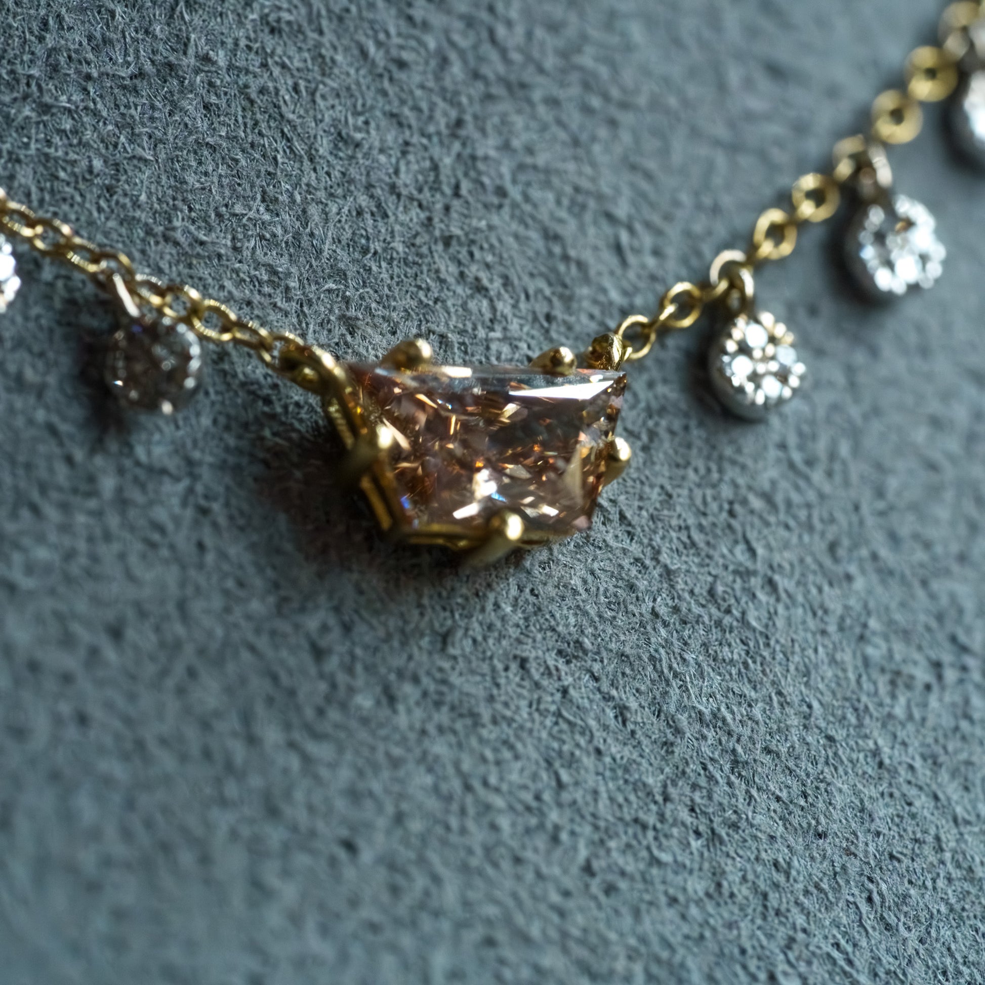 14kt Two-Tone Gold Trapezoid Champagne & Round White Diamond Necklace