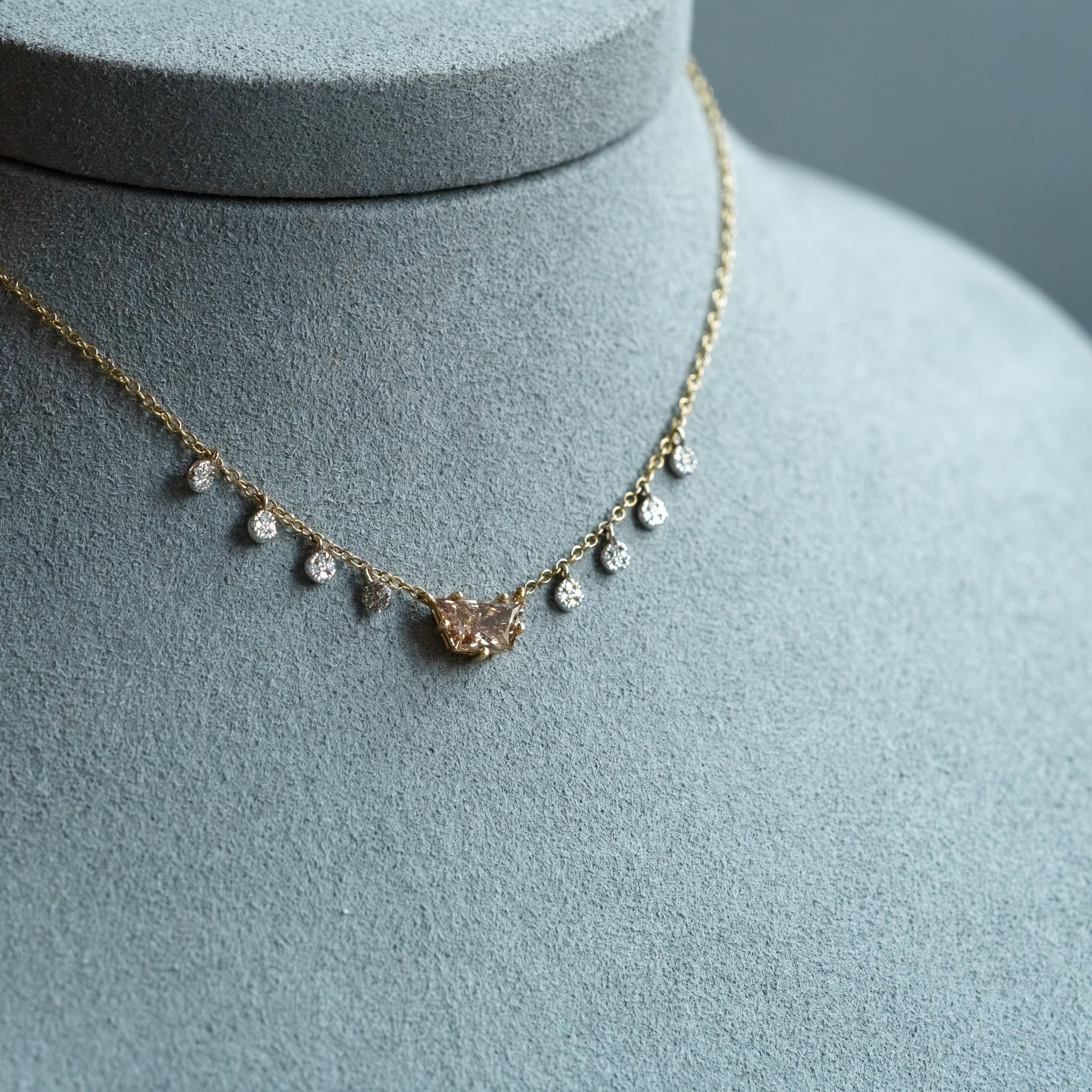 14kt Two-Tone Gold Trapezoid Champagne & Round White Diamond Necklace