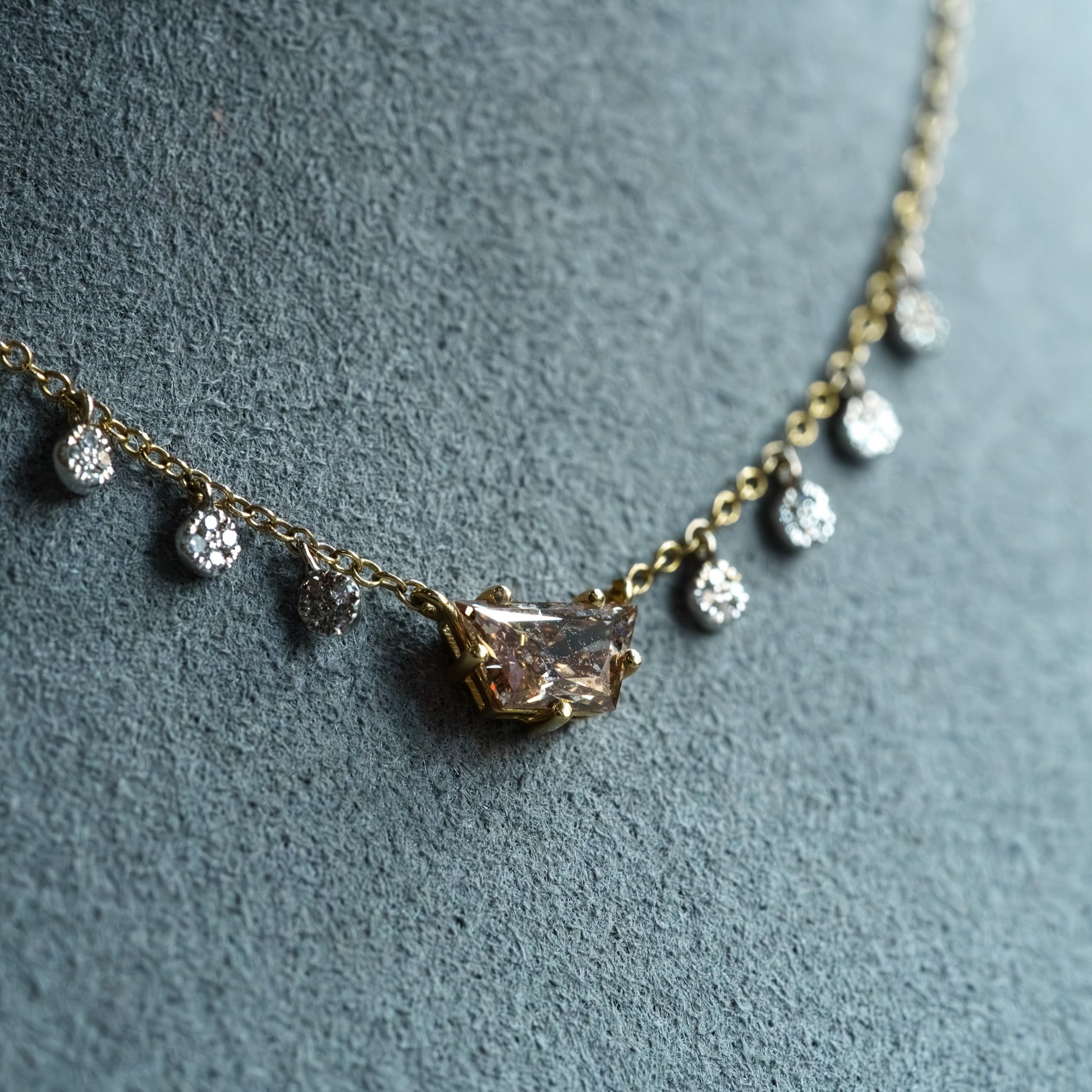 14kt Two-Tone Gold Trapezoid Champagne & Round White Diamond Necklace