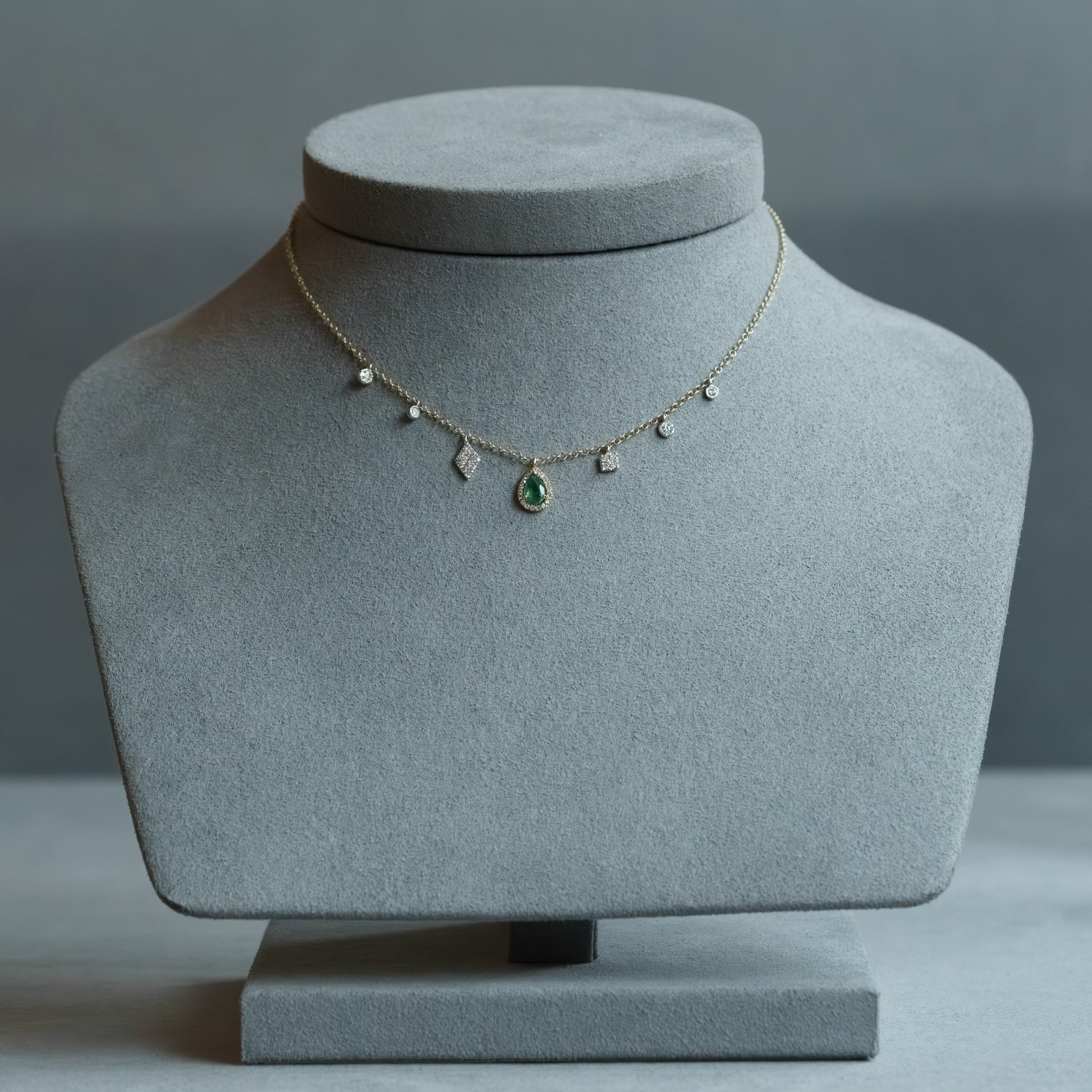 14kt Two-Tone Gold Emerald & Diamond Halo Fringe Necklace