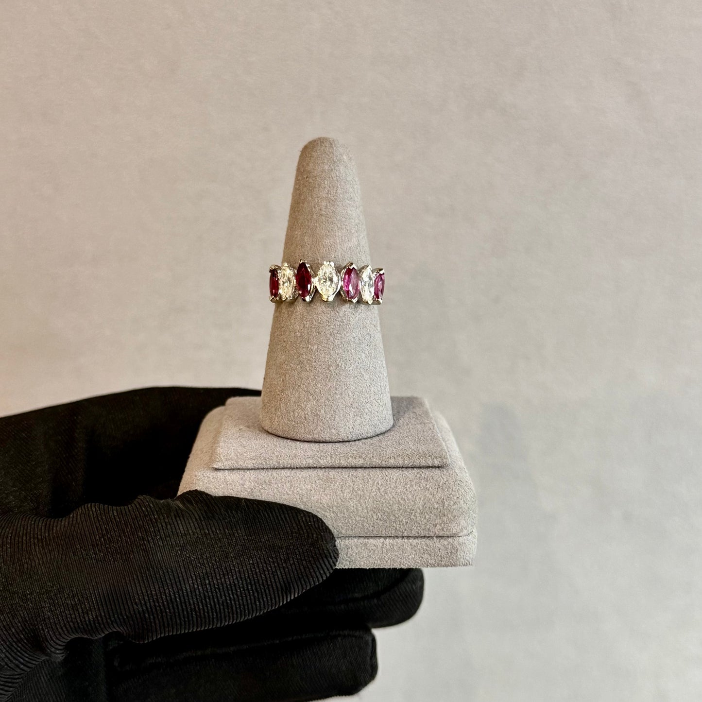 Vintage 14K White Gold Ruby and Diamond Marquise Half-Eternity Band – North-South Setting, .74ct Diamonds & .60ct Rubies