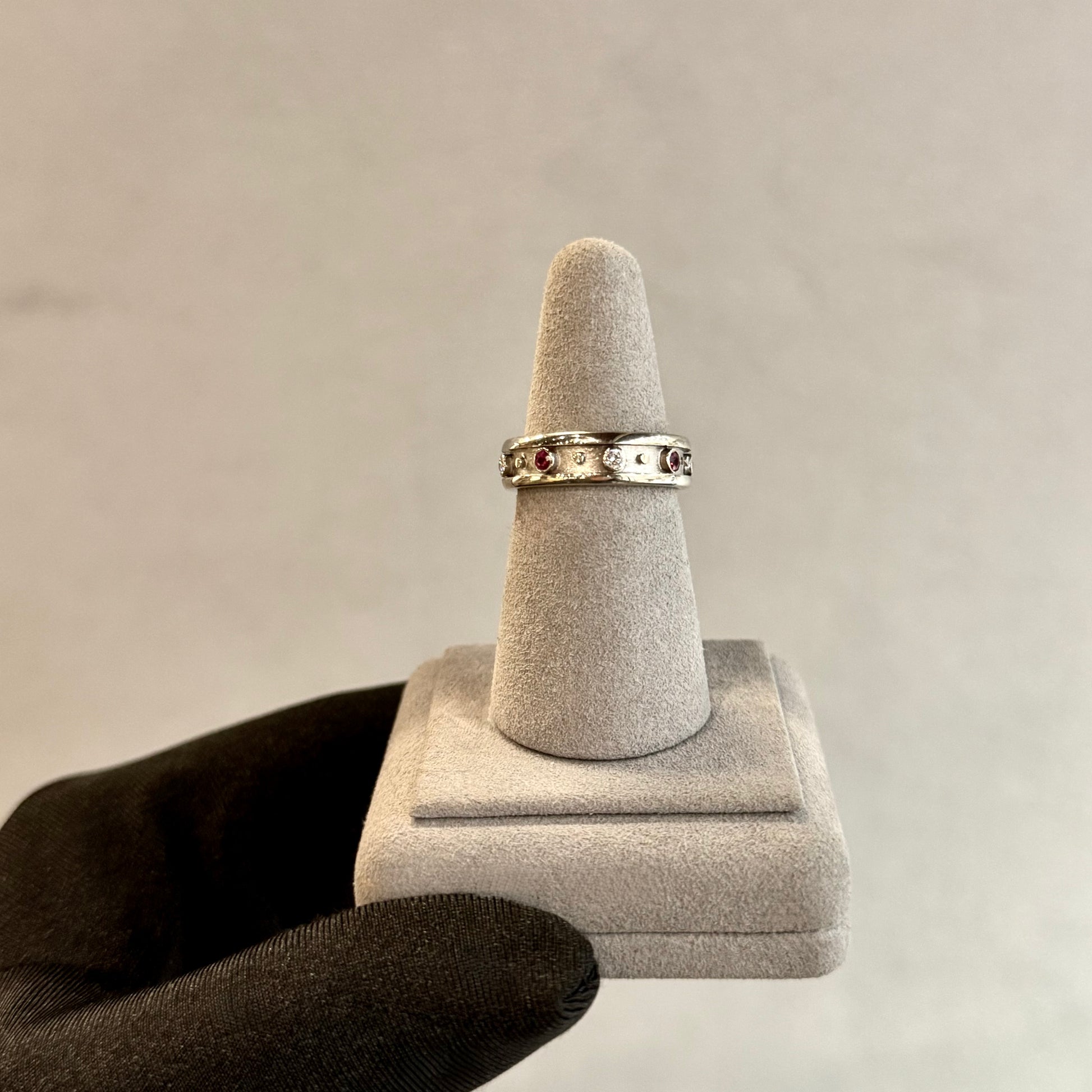 Ruby Inlaid Wring Vintage Ruby Diamond Band | 18K White Gold Inlay Ring - Facets Fine Jewelry