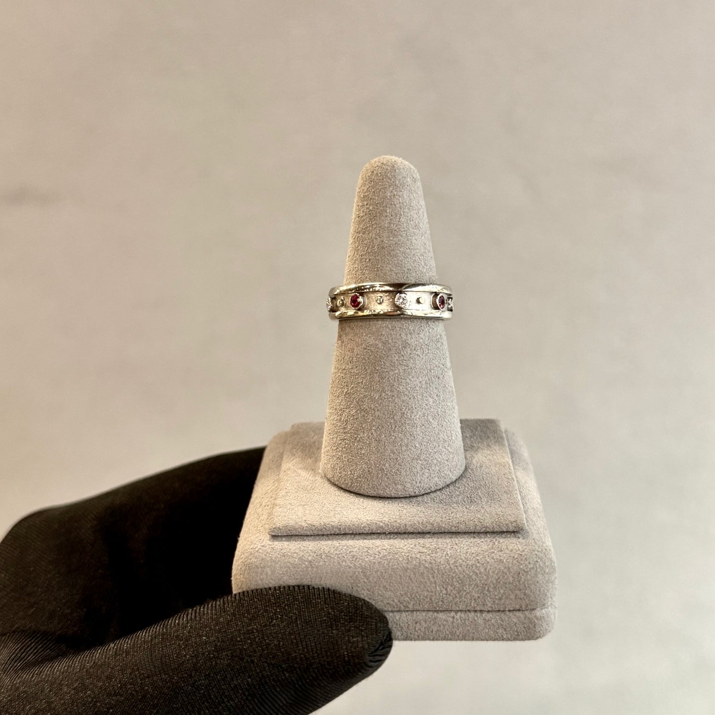 One-of-a-Kind Vintage 18K White Gold Ruby and Diamond Inlay Band – Handmade 6mm Bezel Set, .80ctw