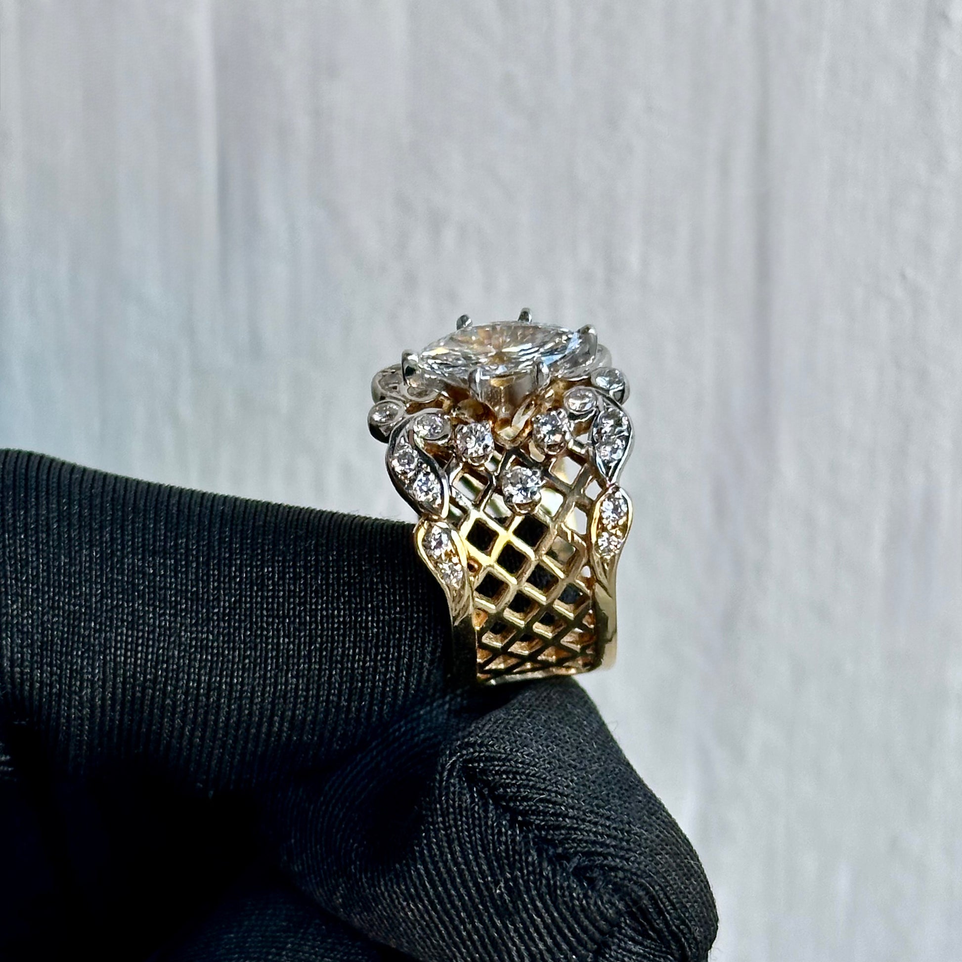Vintage-Inspired Marquise Diamond Openwork Statement Ring in Two-Tone Gold