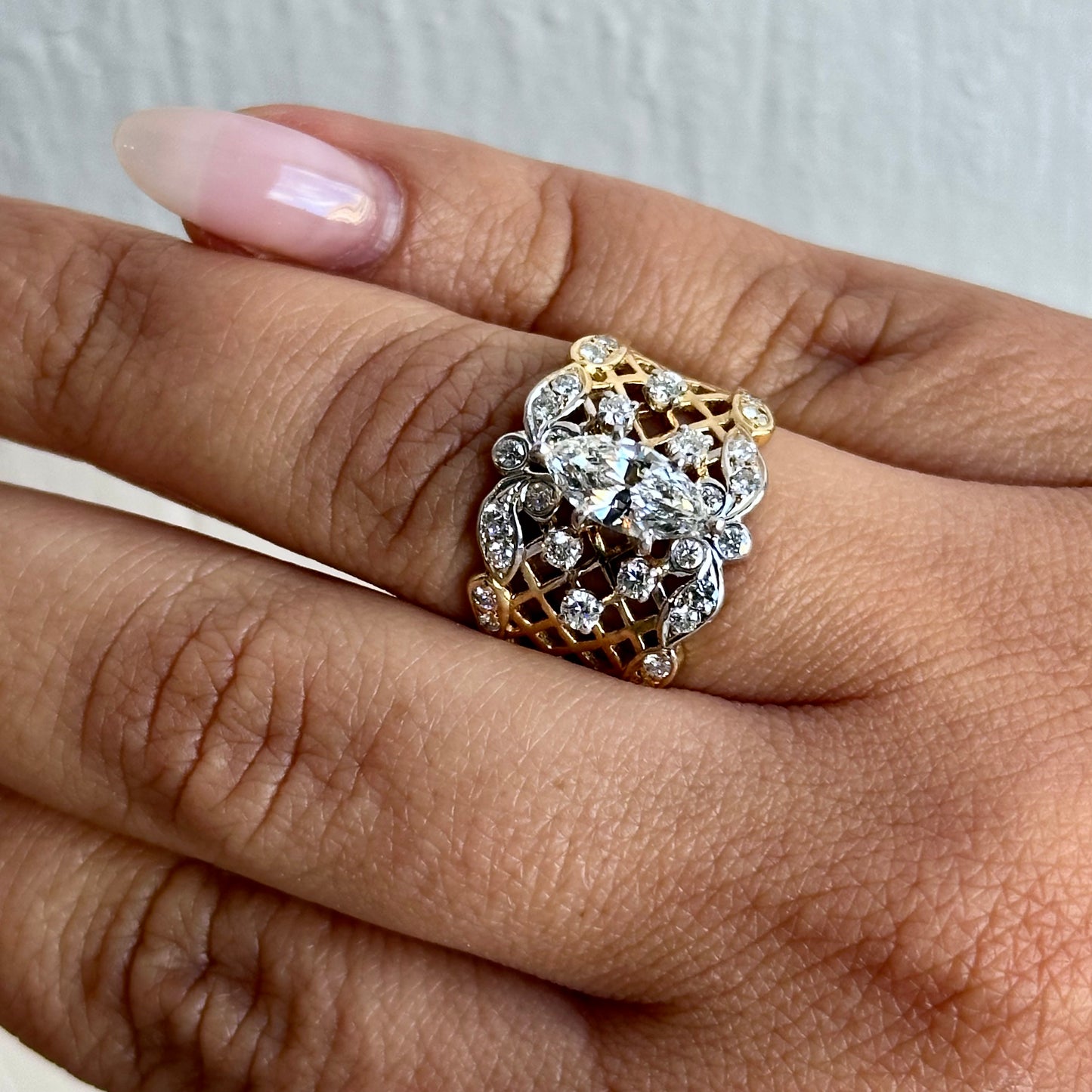 Vintage-Inspired Marquise Diamond Openwork Statement Ring in Two-Tone Gold